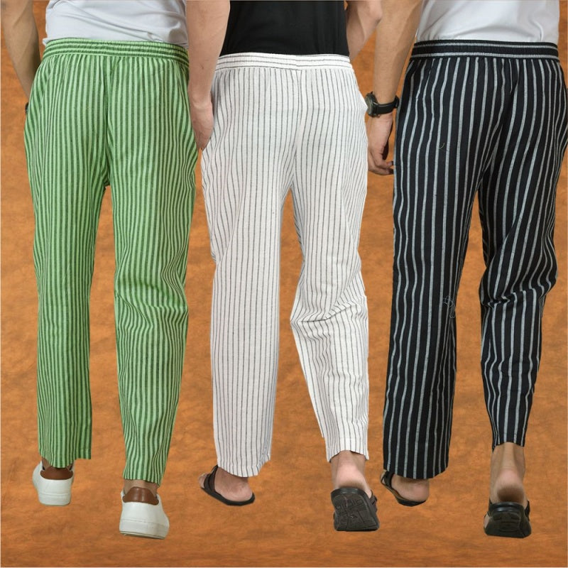 COMBO OF 3 MEN STRIPE COTTON HANDLOOM PANT WHITE BLACK AND OLIVE GREEN-15380