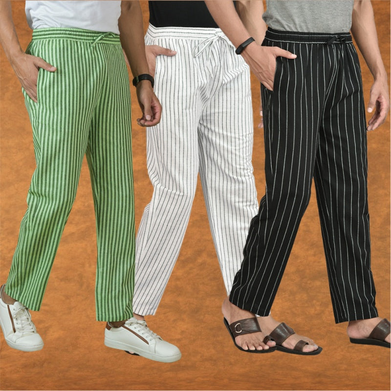 COMBO OF 3 MEN STRIPE COTTON HANDLOOM PANT WHITE BLACK AND OLIVE GREEN-15400