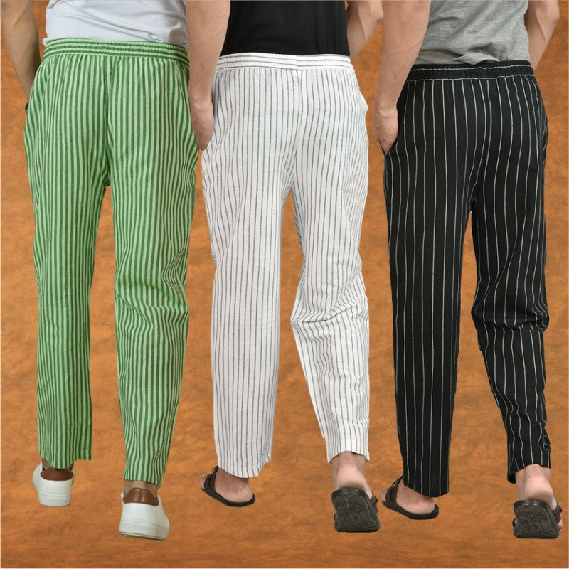 COMBO OF 3 MEN STRIPE COTTON HANDLOOM PANT WHITE BLACK AND OLIVE GREEN-15400