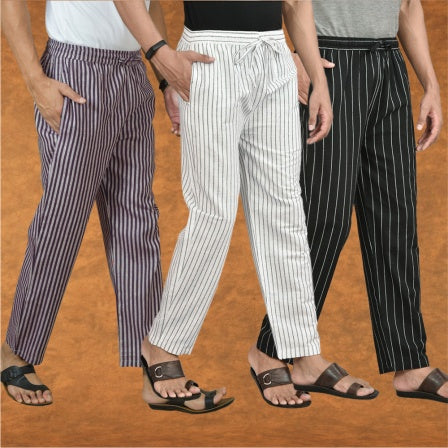 COMBO OF 3 MEN STRIPE COTTON HANDLOOM PANT WHITE BLACK AND PURPLE-15474