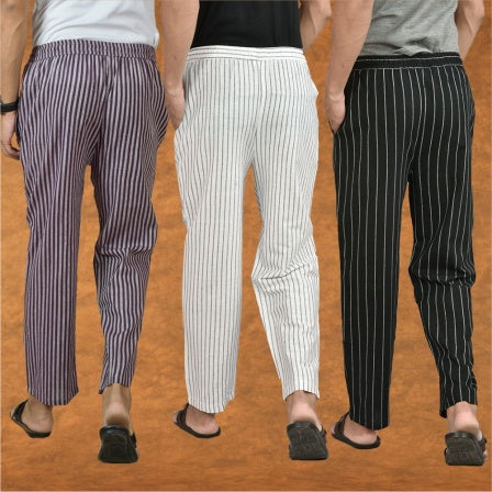 COMBO OF 3 MEN STRIPE COTTON HANDLOOM PANT WHITE BLACK AND PURPLE-15474