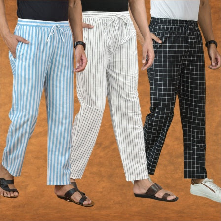 COMBO OF 3 MEN STRIPE COTTON HANDLOOM PANT WHITE BLACK AND SKY BLUE-15170