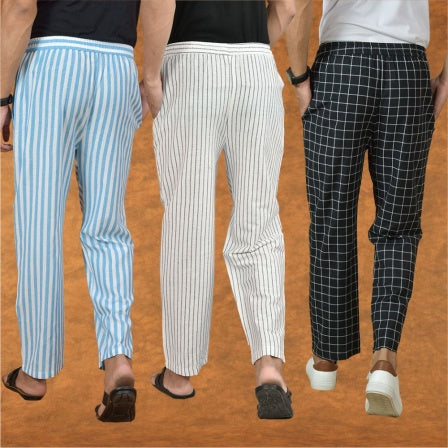COMBO OF 3 MEN STRIPE COTTON HANDLOOM PANT WHITE BLACK AND SKY BLUE-15170