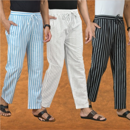 COMBO OF 3 MEN STRIPE COTTON HANDLOOM PANT WHITE BLACK AND SKY BLUE-15177