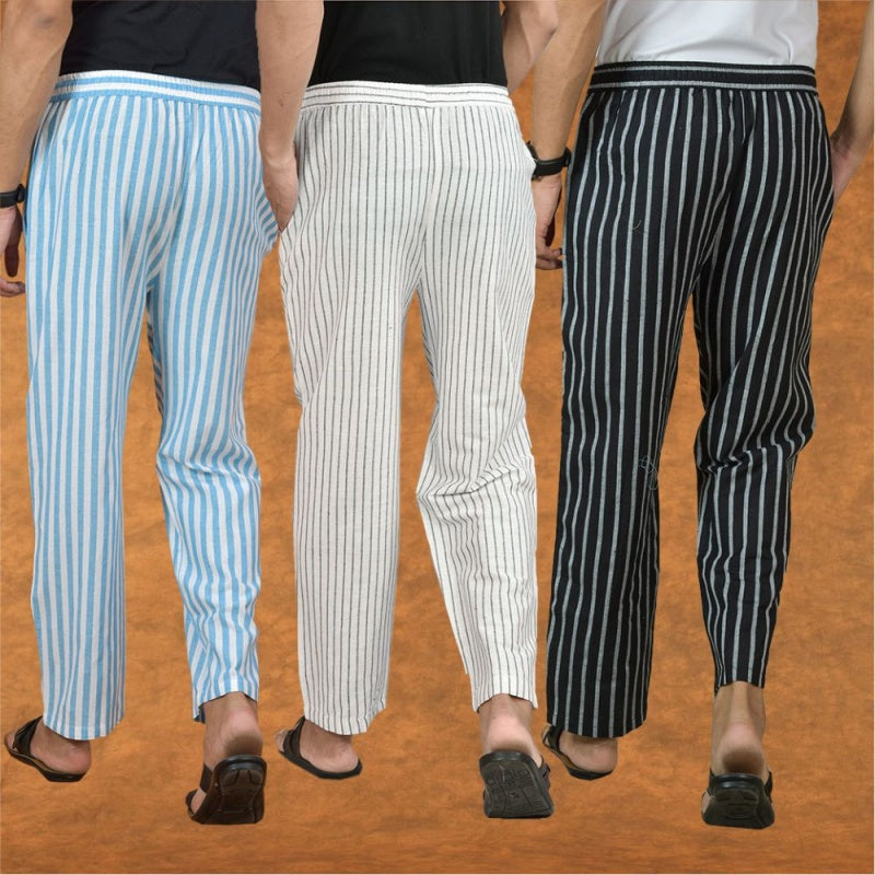 COMBO OF 3 MEN STRIPE COTTON HANDLOOM PANT WHITE BLACK AND SKY BLUE-15177