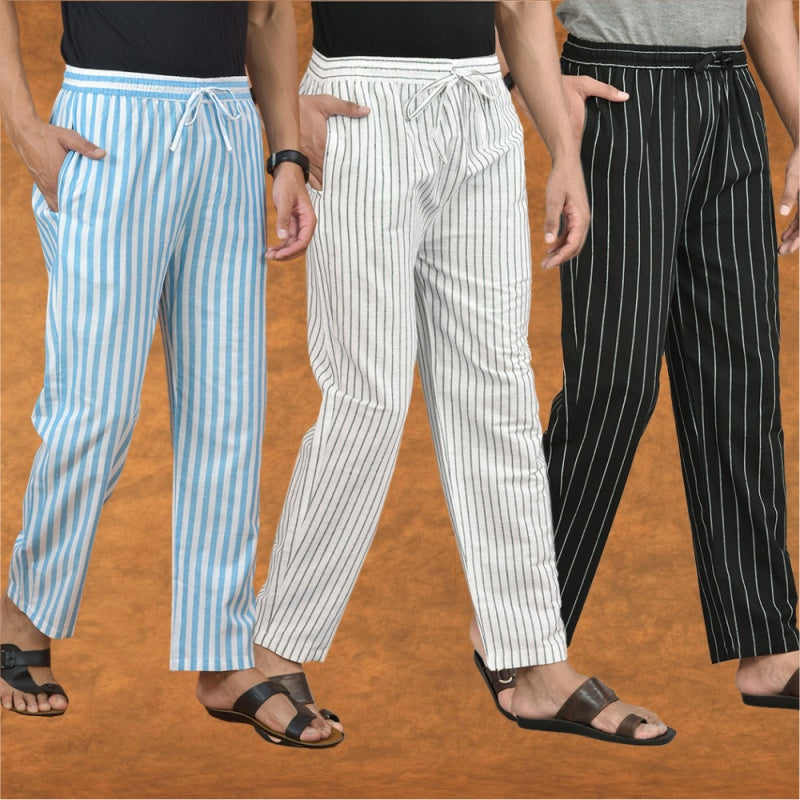 COMBO OF 3 MEN STRIPE COTTON HANDLOOM PANT WHITE BLACK AND SKY BLUE-15297