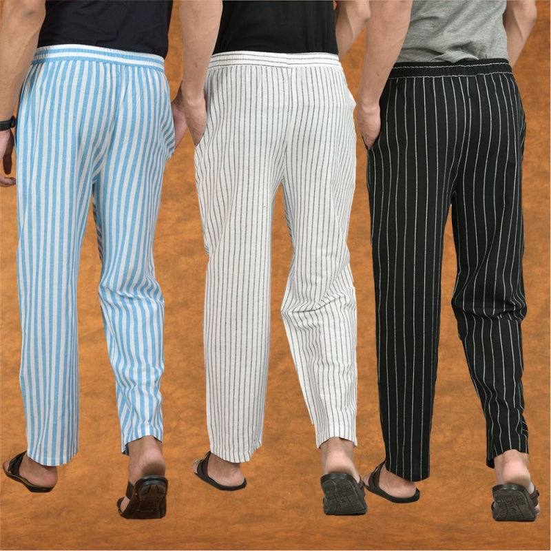 COMBO OF 3 MEN STRIPE COTTON HANDLOOM PANT WHITE BLACK AND SKY BLUE-15297