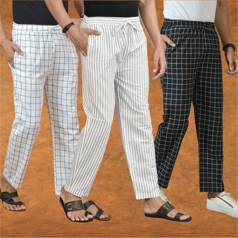 COMBO OF 3 MEN STRIPE COTTON HANDLOOM PANT WHITE BLACK AND WHITE-15292