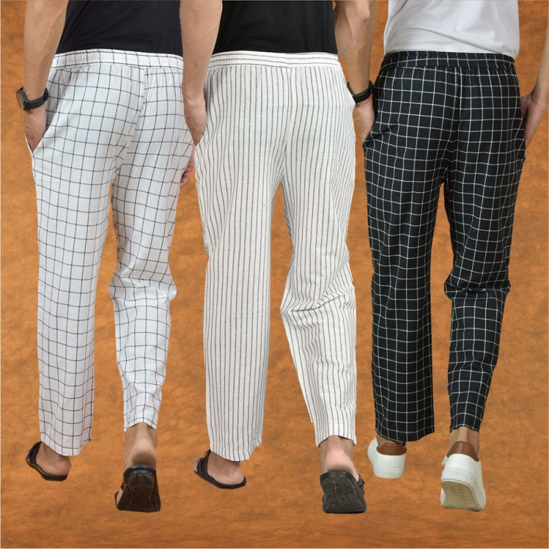 COMBO OF 3 MEN STRIPE COTTON HANDLOOM PANT WHITE BLACK AND WHITE-15292