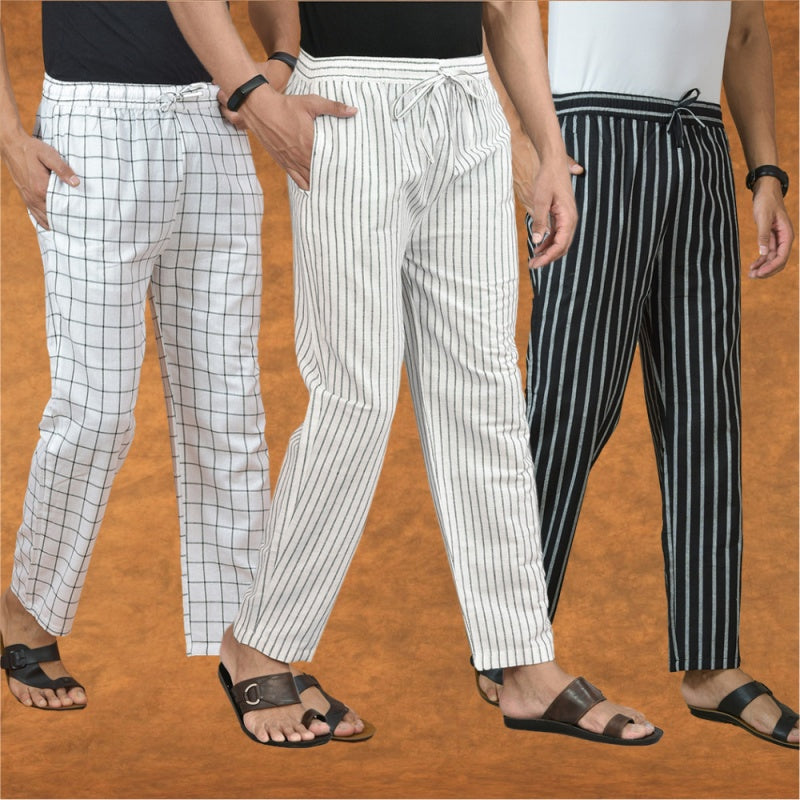 COMBO OF 3 MEN STRIPE COTTON HANDLOOM PANT WHITE BLACK AND WHITE-15299