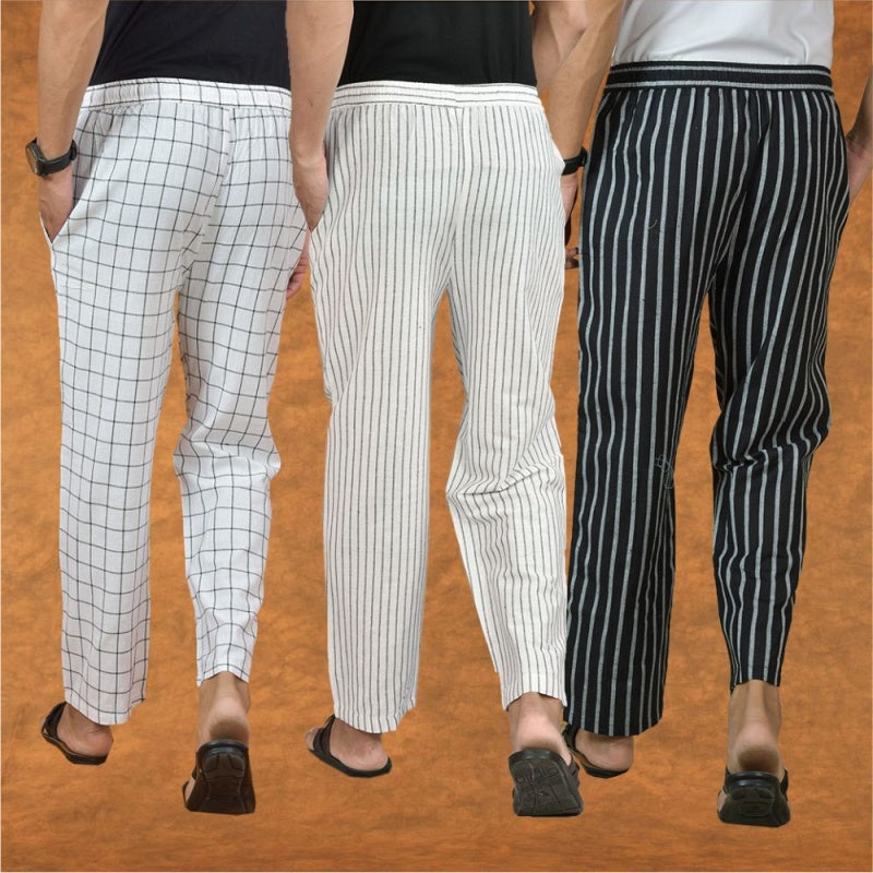 COMBO OF 3 MEN STRIPE COTTON HANDLOOM PANT WHITE BLACK AND WHITE-15299