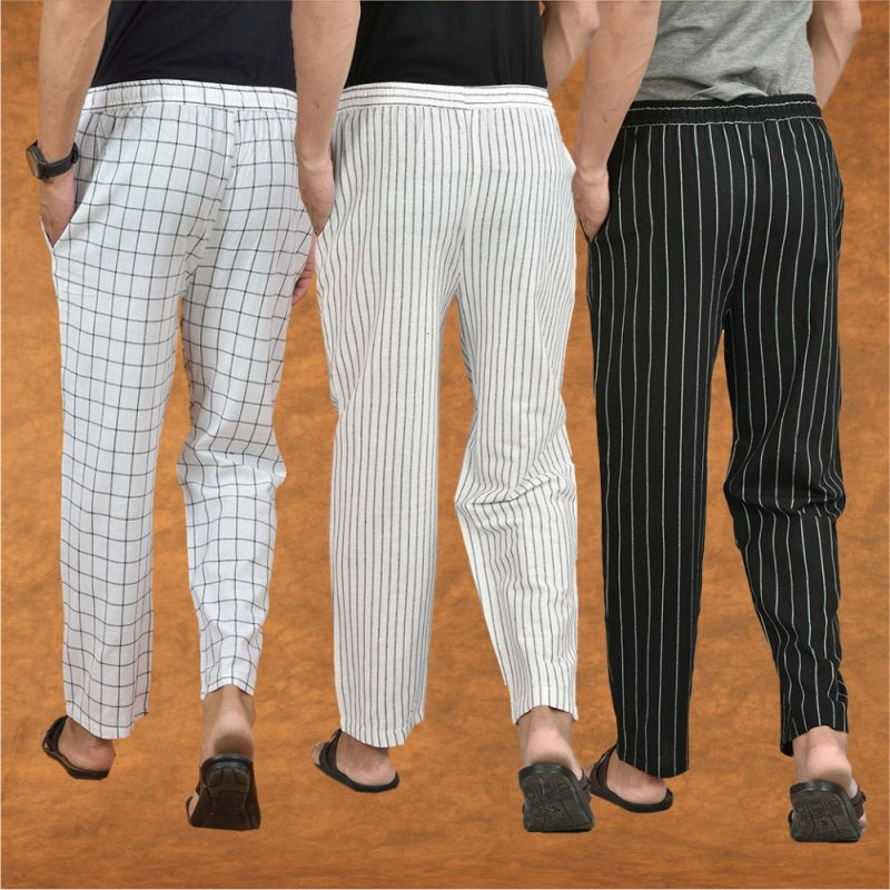 COMBO OF 3 MEN STRIPE COTTON HANDLOOM PANT WHITE BLACK AND WHITE-15319