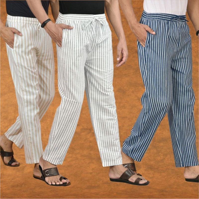 COMBO OF 3 MEN STRIPE COTTON HANDLOOM PANT WHITE BLUE AND BEIGE-15362