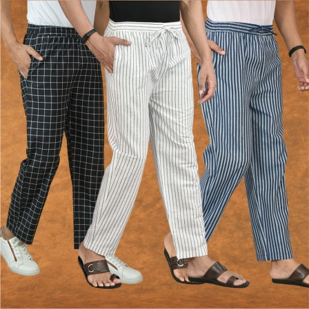 COMBO OF 3 MEN STRIPE COTTON HANDLOOM PANT WHITE BLUE AND BLACK-15426
