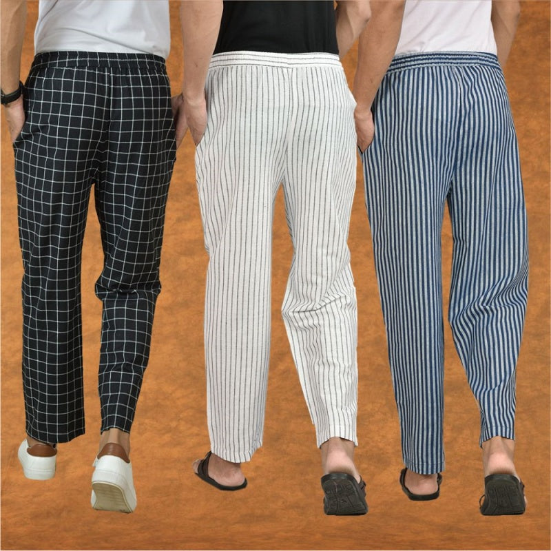 COMBO OF 3 MEN STRIPE COTTON HANDLOOM PANT WHITE BLUE AND BLACK-15426