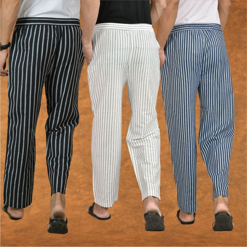 COMBO OF 3 MEN STRIPE COTTON HANDLOOM PANT WHITE BLUE AND BLACK-15447