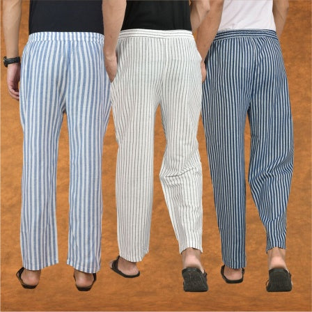 COMBO OF 3 MEN STRIPE COTTON HANDLOOM PANT WHITE BLUE AND BLUE-15262