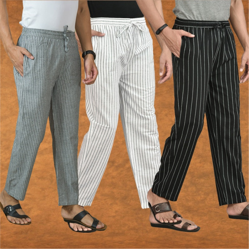 COMBO OF 3 MEN STRIPE COTTON HANDLOOM PANT WHITE BLUE AND GRAY-15462