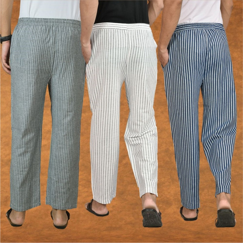 COMBO OF 3 MEN STRIPE COTTON HANDLOOM PANT WHITE BLUE AND GRAY-15462