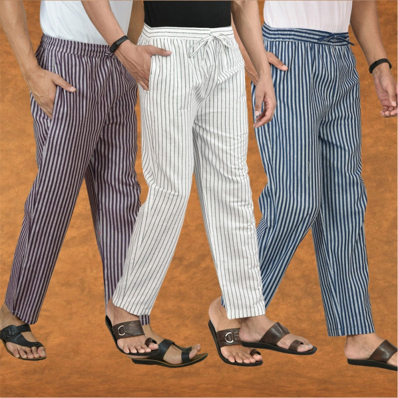 COMBO OF 3 MEN STRIPE COTTON HANDLOOM PANT WHITE BLUE AND PURPLE-15472