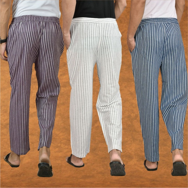 COMBO OF 3 MEN STRIPE COTTON HANDLOOM PANT WHITE BLUE AND PURPLE-15472