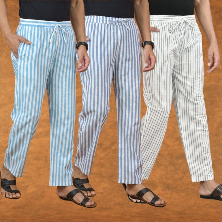 COMBO OF 3 MEN STRIPE COTTON HANDLOOM PANT WHITE BLUE AND SKY BLUE-15132