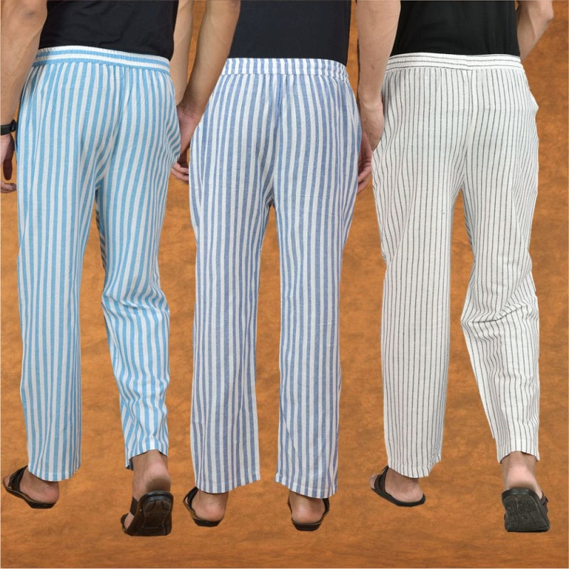 COMBO OF 3 MEN STRIPE COTTON HANDLOOM PANT WHITE BLUE AND SKY BLUE-15132