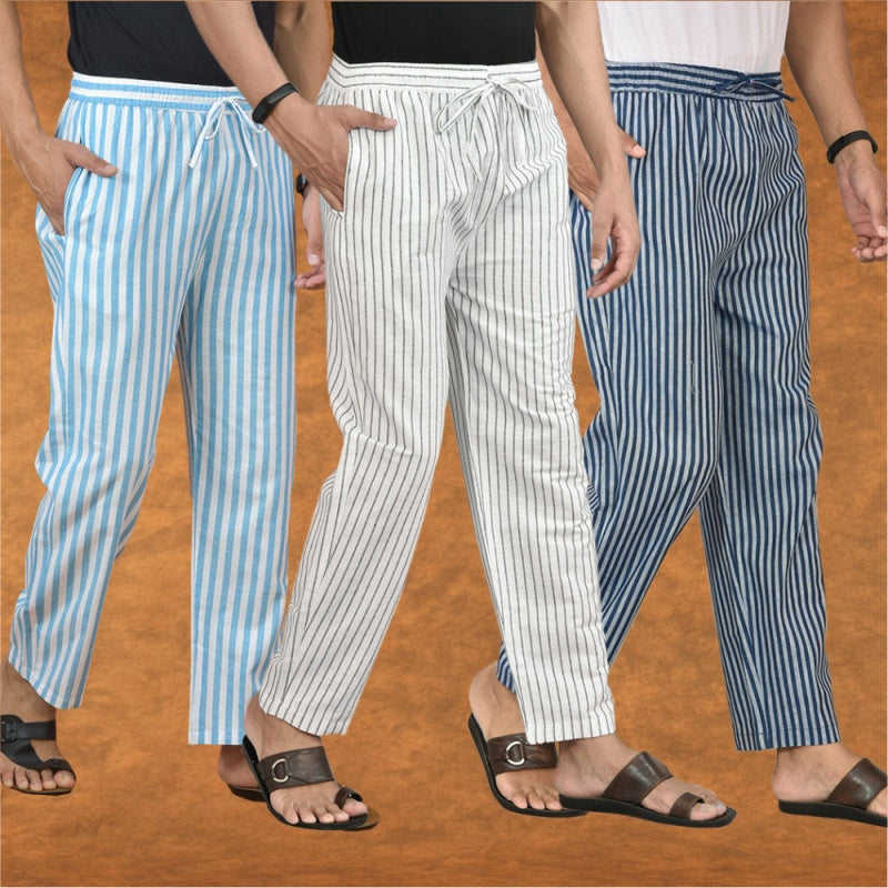 COMBO OF 3 MEN STRIPE COTTON HANDLOOM PANT WHITE BLUE AND SKY BLUE-15195
