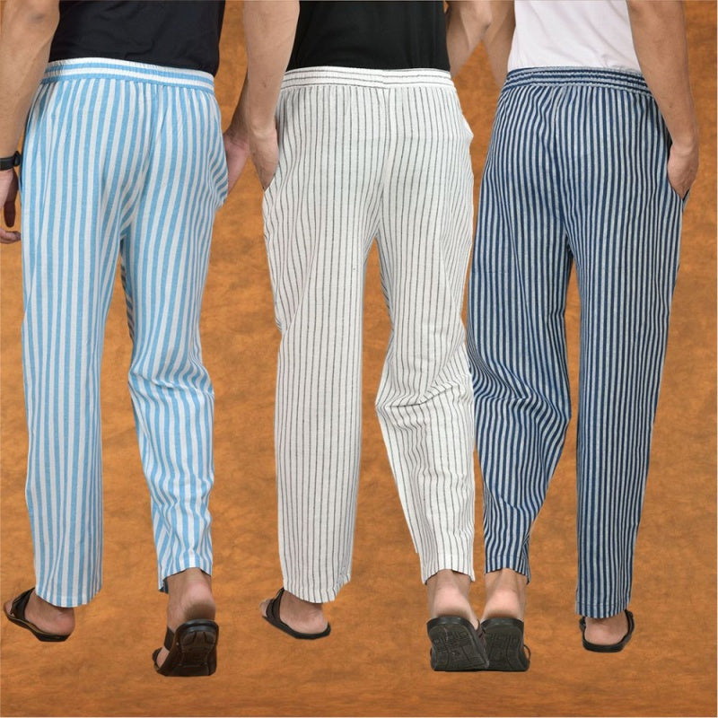 COMBO OF 3 MEN STRIPE COTTON HANDLOOM PANT WHITE BLUE AND SKY BLUE-15195