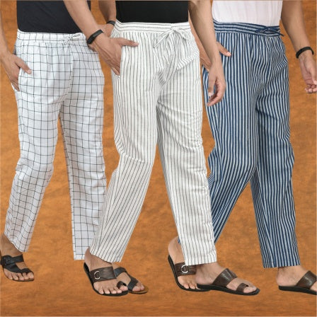 COMBO OF 3 MEN STRIPE COTTON HANDLOOM PANT WHITE BLUE AND WHITE-15317