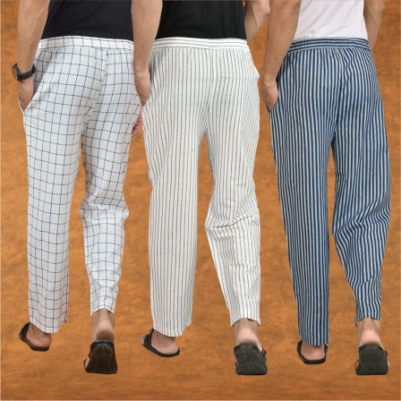 COMBO OF 3 MEN STRIPE COTTON HANDLOOM PANT WHITE BLUE AND WHITE-15317