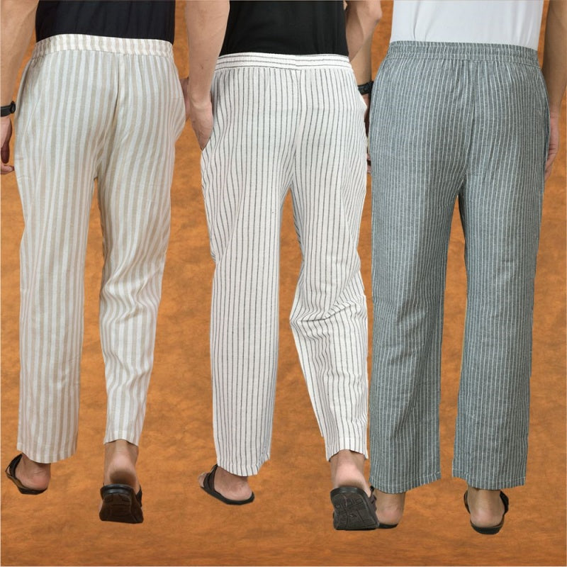 COMBO OF 3 MEN STRIPE COTTON HANDLOOM PANT WHITE GRAY AND BEIGE-15350