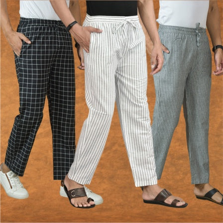COMBO OF 3 MEN STRIPE COTTON HANDLOOM PANT WHITE GRAY AND BLACK-15414