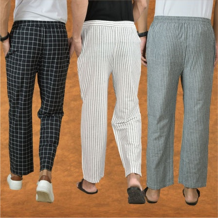 COMBO OF 3 MEN STRIPE COTTON HANDLOOM PANT WHITE GRAY AND BLACK-15414