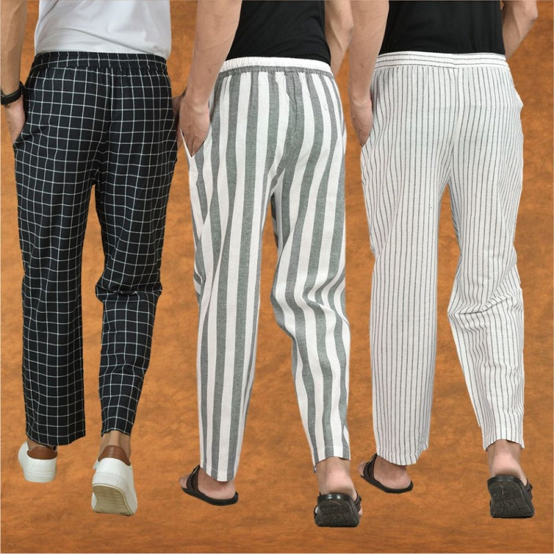 COMBO OF 3 MEN STRIPE COTTON HANDLOOM PANT WHITE GRAY AND BLACK-15430