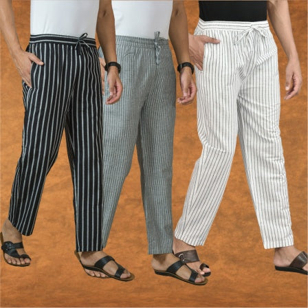 COMBO OF 3 MEN STRIPE COTTON HANDLOOM PANT WHITE GRAY AND BLACK-15435