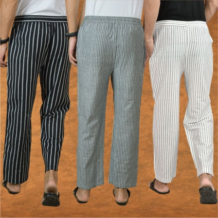 COMBO OF 3 MEN STRIPE COTTON HANDLOOM PANT WHITE GRAY AND BLACK-15435