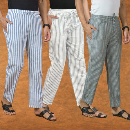 COMBO OF 3 MEN STRIPE COTTON HANDLOOM PANT WHITE GRAY AND BLUE-15250