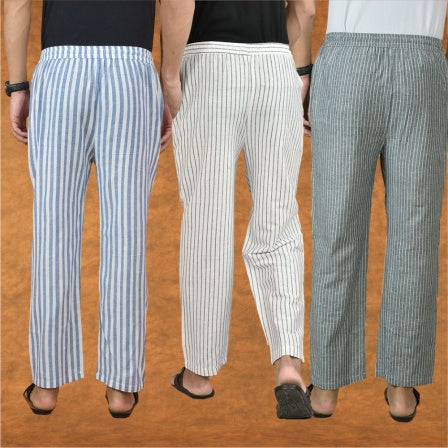 COMBO OF 3 MEN STRIPE COTTON HANDLOOM PANT WHITE GRAY AND BLUE-15250