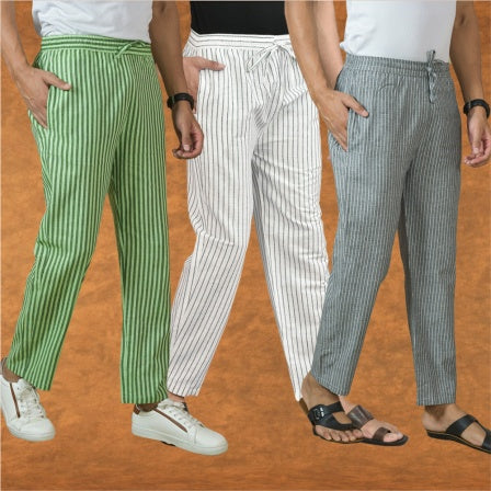 COMBO OF 3 MEN STRIPE COTTON HANDLOOM PANT WHITE GRAY AND OLIVE GREEN-15386