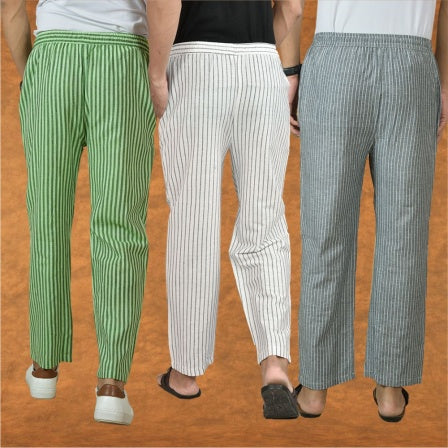 COMBO OF 3 MEN STRIPE COTTON HANDLOOM PANT WHITE GRAY AND OLIVE GREEN-15386
