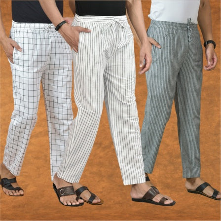 COMBO OF 3 MEN STRIPE COTTON HANDLOOM PANT WHITE GRAY AND WHITE-15305