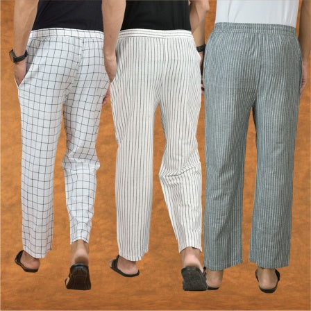 COMBO OF 3 MEN STRIPE COTTON HANDLOOM PANT WHITE GRAY AND WHITE-15305