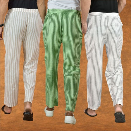 COMBO OF 3 MEN STRIPE COTTON HANDLOOM PANT WHITE OLIVE GREEN AND BEIGE-15329