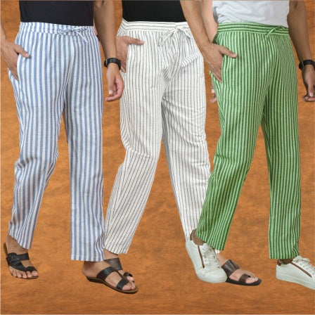 COMBO OF 3 MEN STRIPE COTTON HANDLOOM PANT WHITE OLIVE GREEN AND BLUE-15229