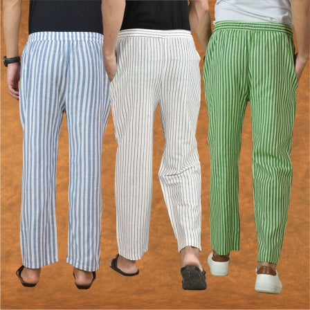 COMBO OF 3 MEN STRIPE COTTON HANDLOOM PANT WHITE OLIVE GREEN AND BLUE-15229