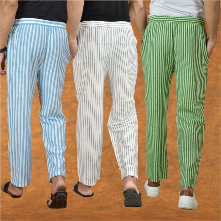 COMBO OF 3 MEN STRIPE COTTON HANDLOOM PANT WHITE OLIVE GREEN AND SKY BLUE-15162