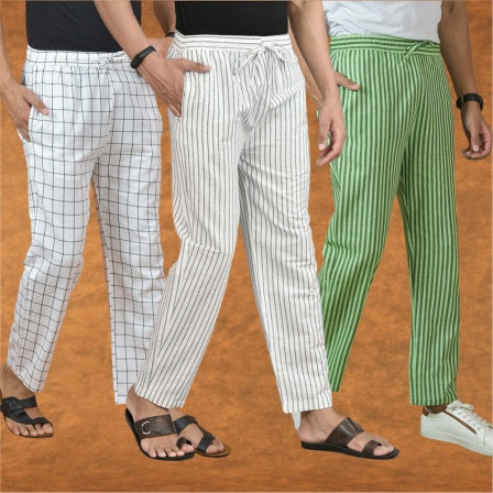 COMBO OF 3 MEN STRIPE COTTON HANDLOOM PANT WHITE OLIVE GREEN AND WHITE-15284