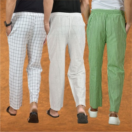 COMBO OF 3 MEN STRIPE COTTON HANDLOOM PANT WHITE OLIVE GREEN AND WHITE-15284