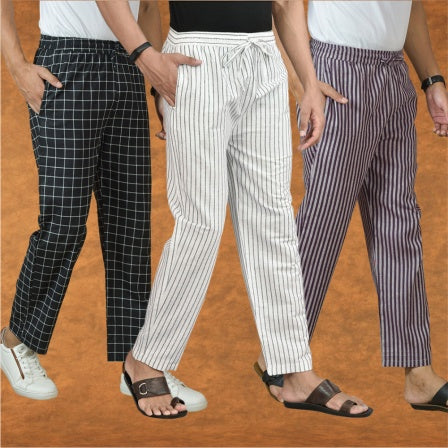COMBO OF 3 MEN STRIPE COTTON HANDLOOM PANT WHITE PURPLE AND BLACK-15419